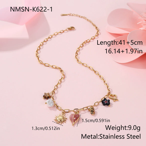 Wholesale Women's Fashion Geometric Heart And Sun Pendant Stainless Steel Electroplated Necklace