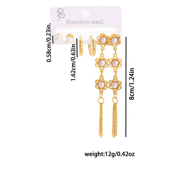 Wholesale Women's Fashion Geometric Hollow Fivepointed Star Pearl Titanium Steel Tassel Earrings Electroplated