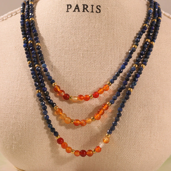 Wholesale Women's Fashion Geometric Lapis Lazuli Red Agate Necklace With Stainless Steel Chain 18K Gold Plated
