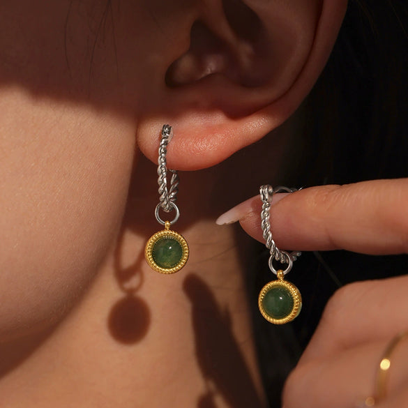 Wholesale Women's Fashion Geometric Natural Green Agate Twist Earrings Stainless Steel Pvd Plated 18K Gold Ear Buckle