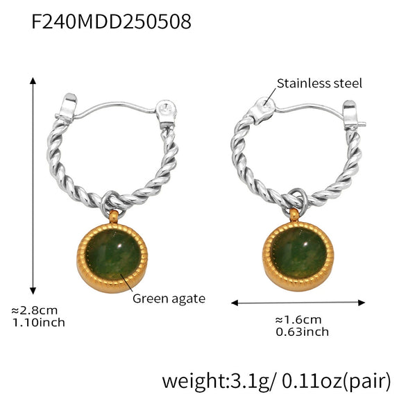 Wholesale Women's Fashion Geometric Natural Green Agate Twist Earrings Stainless Steel Pvd Plated 18K Gold Ear Buckle