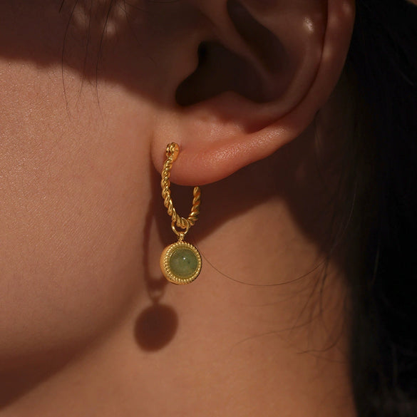 Wholesale Women's Fashion Geometric Natural Green Agate Twist Earrings Stainless Steel Pvd Plated 18K Gold Ear Buckle
