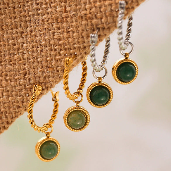 Wholesale Women's Fashion Geometric Natural Green Agate Twist Earrings Stainless Steel Pvd Plated 18K Gold Ear Buckle