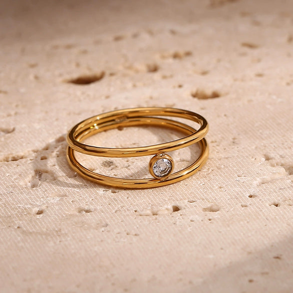 Wholesale Women's Fashion Geometric Personality Bracelet And Double Layer White Diamond Ring Stainless Steel 18K Gold Electroplated