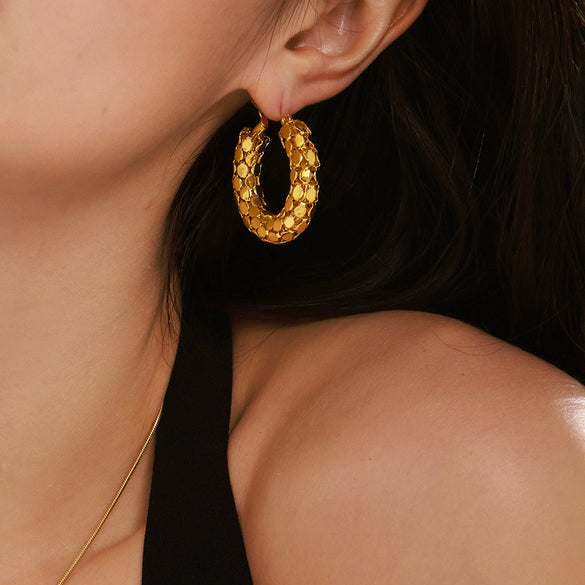 Wholesale Women's Fashion Geometric Round Fish Scale Hollow Stitching Titanium Steel Electroplated 18K Gold Earrings