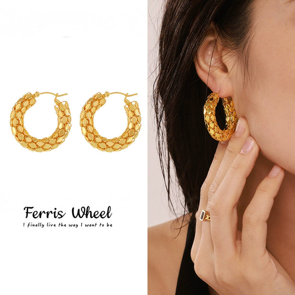 Wholesale Women's Fashion Geometric Round Fish Scale Hollow Stitching Titanium Steel Electroplated 18K Gold Earrings