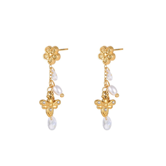 Wholesale Women's Fashion Geometric Stainless Steel And 18K Gold Electroplated Flower And Bee Earrings