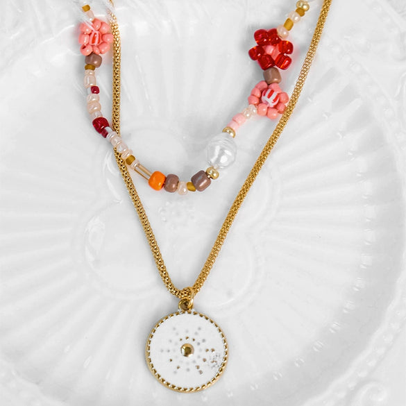 Wholesale Women's Fashion Geometric Stainless Steel And Pearl Beaded Sunflower Pendant Necklace With Electroplating Treatment