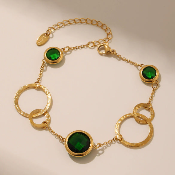 Wholesale Women's Fashion Geometric Stainless Steel And Zircon Electroplated Faceted Glass Stone Hollow Ring Stitching Bracelet