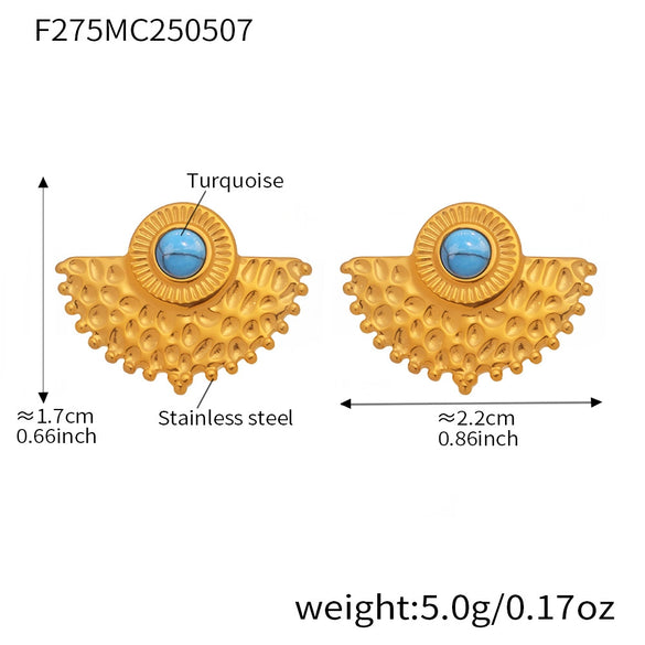 Wholesale Women's Fashion Geometric 316L Stainless Steel Blue Turquoise Peacock Fan Shaped Electroplated Earrings