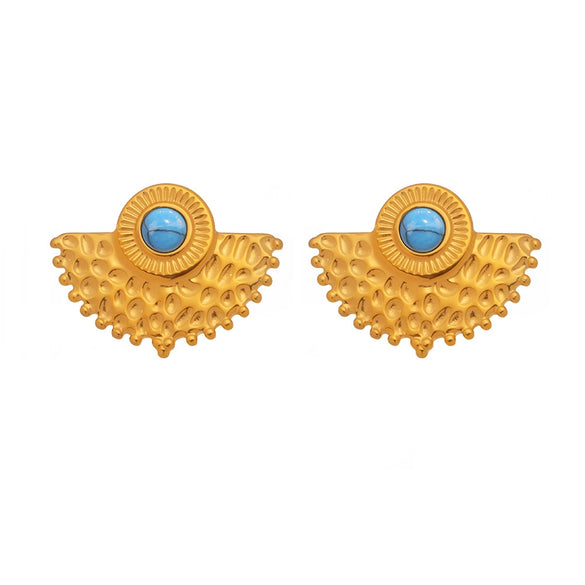 Wholesale Women's Fashion Geometric 316L Stainless Steel Blue Turquoise Peacock Fan Shaped Electroplated Earrings