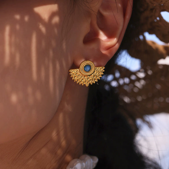 Wholesale Women's Fashion Geometric 316L Stainless Steel Blue Turquoise Peacock Fan Shaped Electroplated Earrings