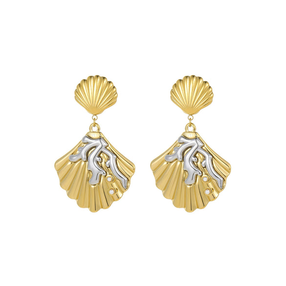 Wholesale Women's Fashion Geometric Stainless Steel Earrings With Gold And Silver Color Matching And Coral Shell Texture Electroplated