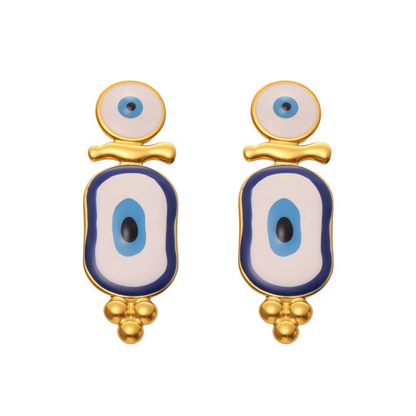 Wholesale Women's Fashion Geometric Stainless Steel Earrings With Turkish Blue Eyes Enamel Glaze And Electroplating