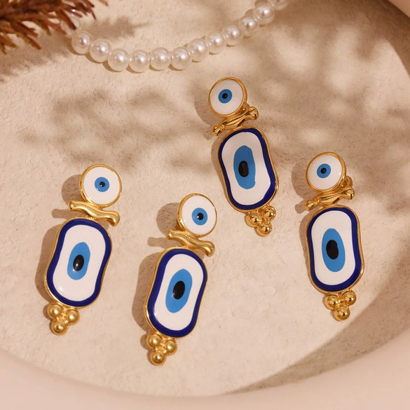 Wholesale Women's Fashion Geometric Stainless Steel Earrings With Turkish Blue Eyes Enamel Glaze And Electroplating