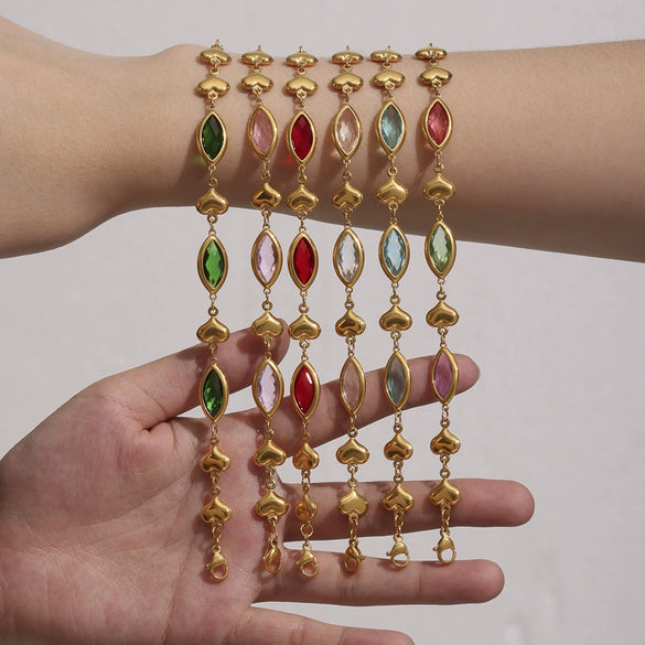 Wholesale Women's Fashion Geometric 316L Stainless Steel Electroplated Faceted Czech Glass Heart Splicing Jewelry Bracelet