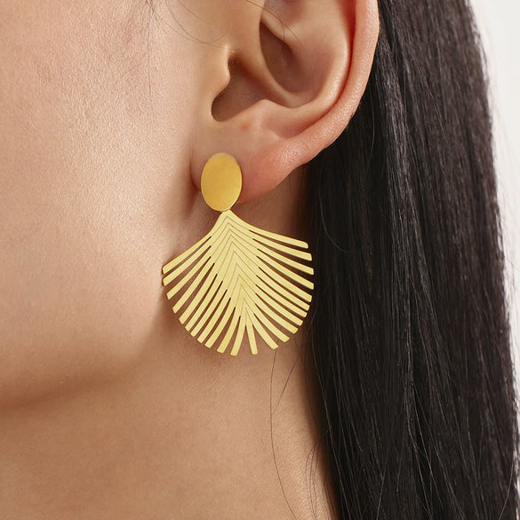 Wholesale Women's Fashion Geometric Stainless Steel Electroplated Ferris Wheel Coconut Leaf Texture Earrings