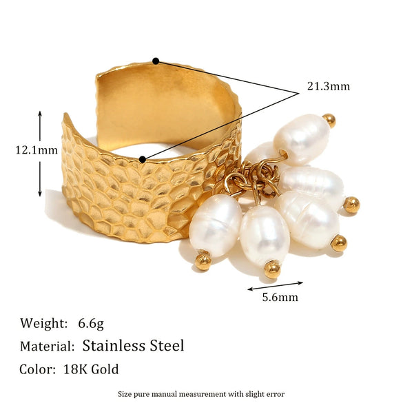 Wholesale Women's Fashion Geometric Stainless Steel Electroplated 18K Gold Pearl Tassel Hammer Pattern Opening Bracelet Ring