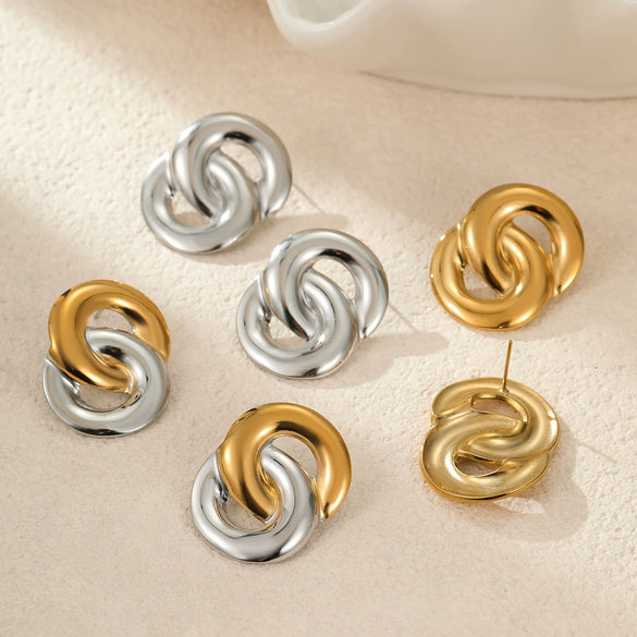 Wholesale Women's Fashion Geometric Stainless Steel 18K Gold Electroplated Irregular Round Interlocking Earrings