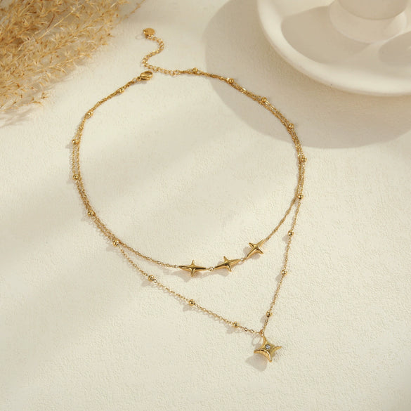 Wholesale Women's Fashion Geometric Stainless Steel 18K Gold Plated Doublelayer Clavicle Necklace