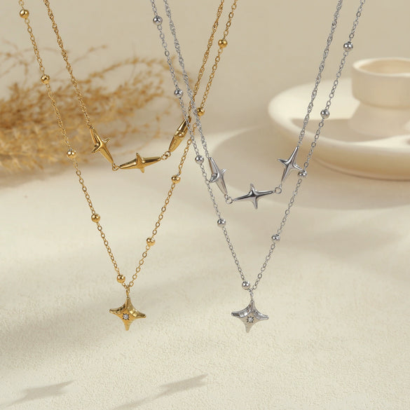 Wholesale Women's Fashion Geometric Stainless Steel 18K Gold Plated Doublelayer Clavicle Necklace