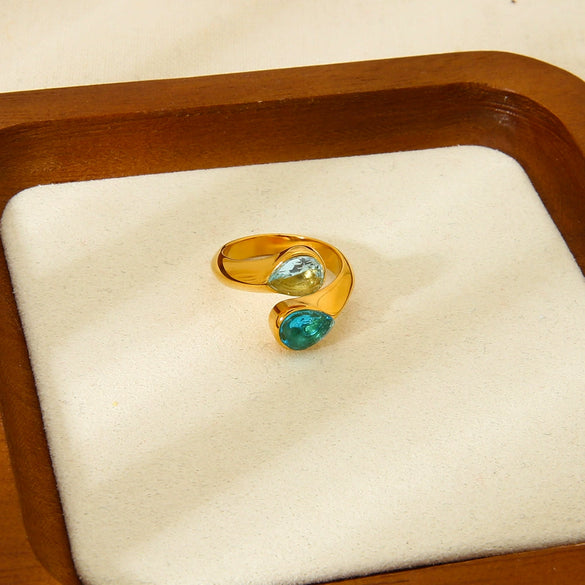 Wholesale Women's Fashion Geometric Stainless Steel 18K Gold Plated Water Drop Open Ring Jewelry