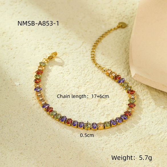 Wholesale Women's Fashion Geometric Stainless Steel 18K Oval Color Zircon Electroplated Bracelet