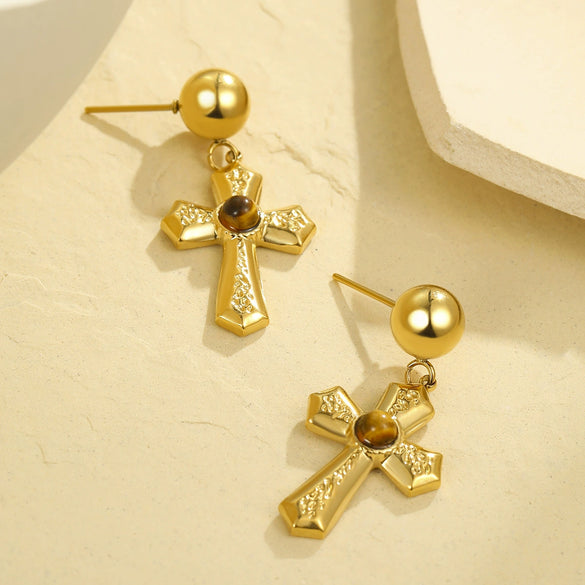 Wholesale Women's Fashion Geometric Stainless Steel Natural Stone Cross Earrings With Electroplating