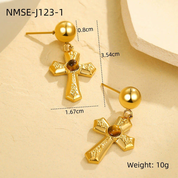 Wholesale Women's Fashion Geometric Stainless Steel Natural Stone Cross Earrings With Electroplating