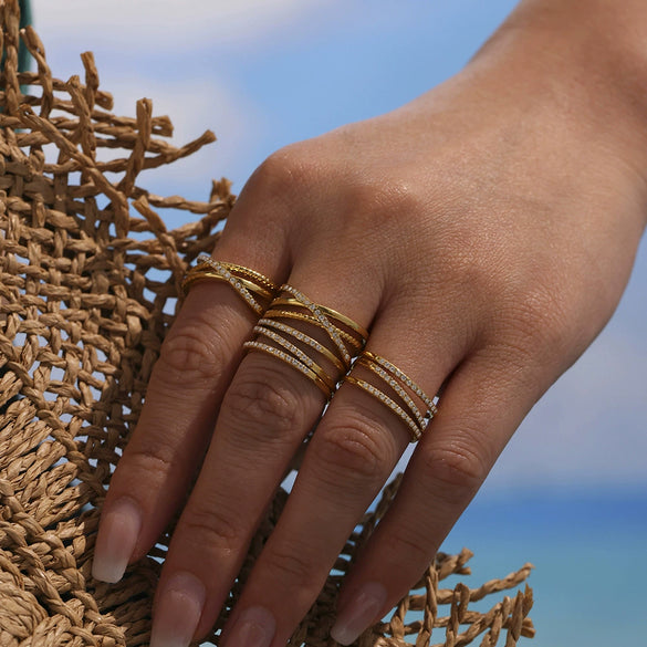 Wholesale Women's Fashion Geometric Stainless Steel Three Layer Opening Adjustable Ring With 18K Real Gold Vacuum Plating