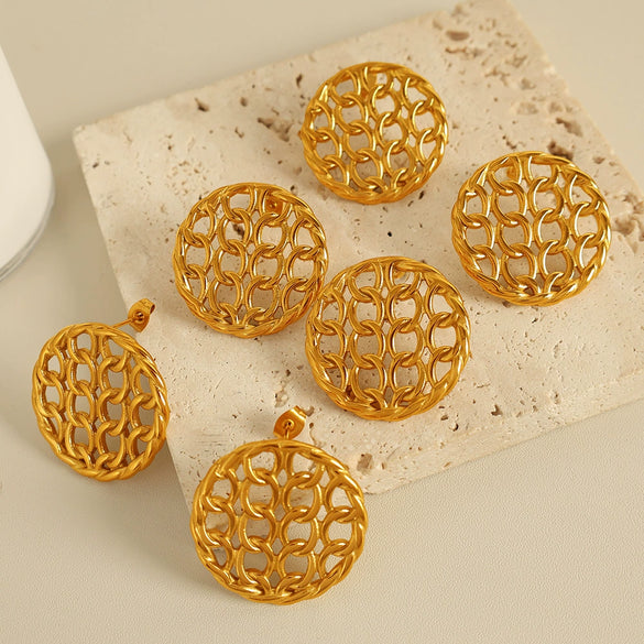 Wholesale Women's Fashion Geometric 316L Stainless Steel Gold Plated Chain Stitching Disc Mesh Hollow Earrings