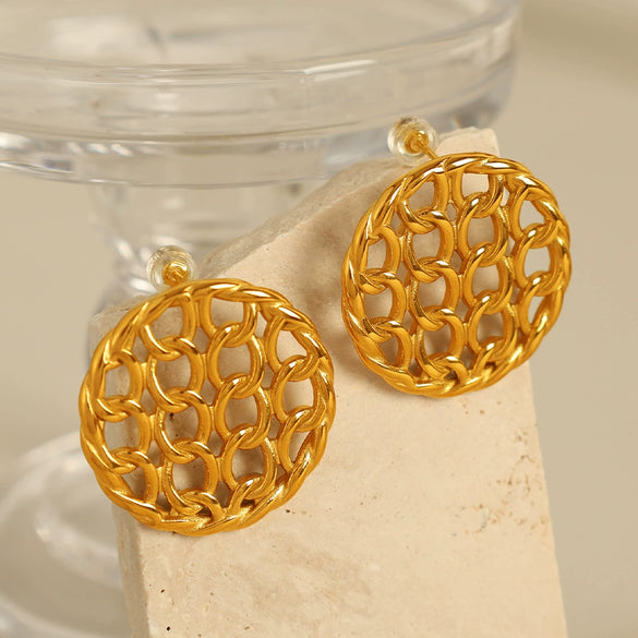 Wholesale Women's Fashion Geometric 316L Stainless Steel Gold Plated Chain Stitching Disc Mesh Hollow Earrings