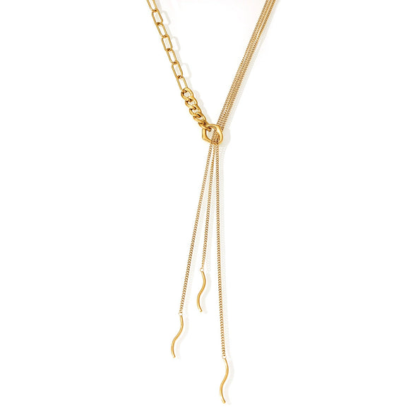 Wholesale Women's Fashion Geometric Woolen Multilayer Tassel Curved Strip Stacked Long Necklace Stainless Steel 18K Gold Plated