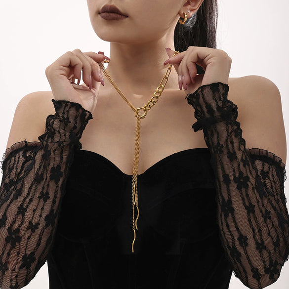 Wholesale Women's Fashion Geometric Woolen Multilayer Tassel Curved Strip Stacked Long Necklace Stainless Steel 18K Gold Plated