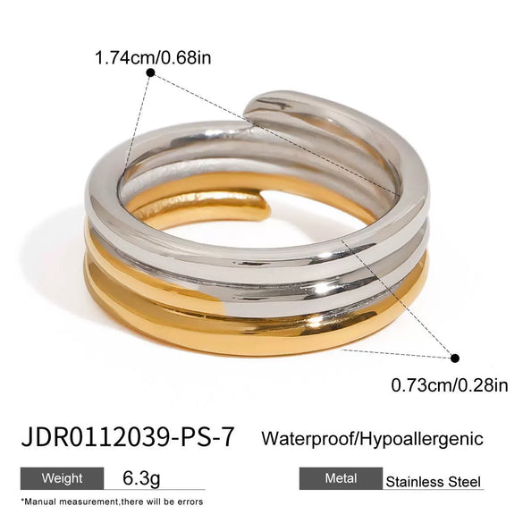 Wholesale Women's Fashion Jewelry Stainless Steel Three Layer Plain Ring With Geometric Pattern And Gold And Silver Color Matching Electroplated