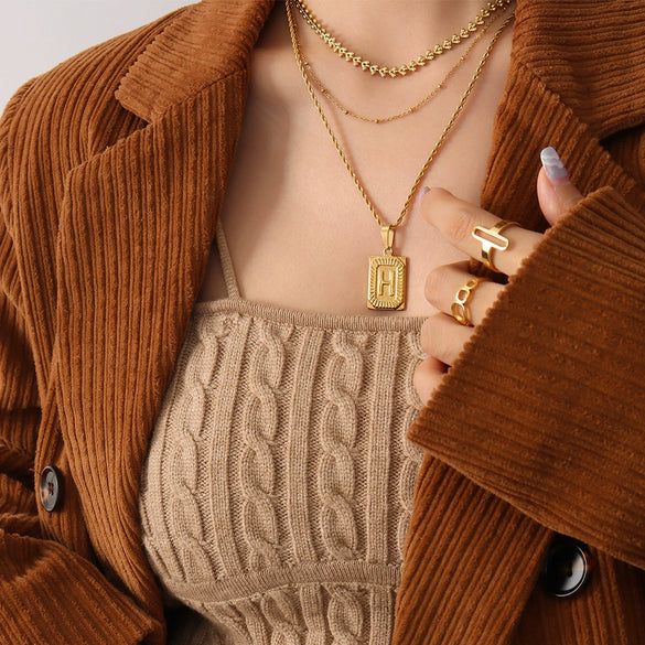 Wholesale Women's Fashion Jewelry Titanium Steel Ferris Wheel Design 18K Gold Plated Square Pendant Clavicle Chain With Letter And Number Patterns