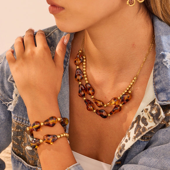 Wholesale Women's Fashion Leopard Print Geometric Stainless Steel 18K Gold Plated Necklace And Bracelet
