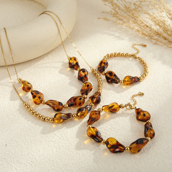 Wholesale Women's Fashion Leopard Print Geometric Stainless Steel 18K Gold Plated Necklace And Bracelet
