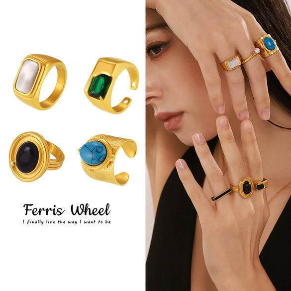 Wholesale Women's Fashion Light Luxury Geometric Stainless Steel Goldplated Ferris Wheel Inlay Ring Jewelry