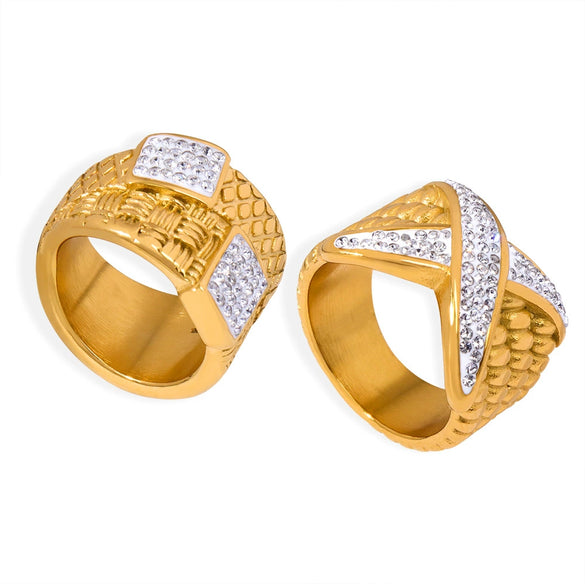 Wholesale Women's Fashion Light Luxury Personality 316L Stainless Steel Gold Plated Geometric Diamond Pattern Wide Ring Jewelry