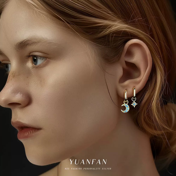 Wholesale Women's Fashion Light Luxury S925 Sterling Silver Star Moon Earrings With Electroplating Treatment