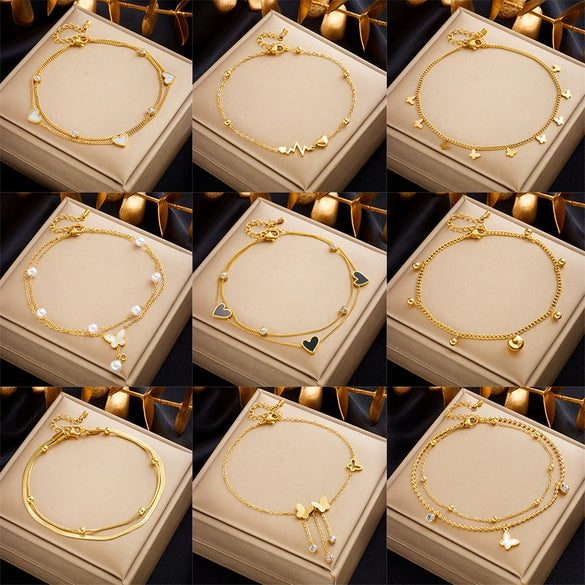 Wholesale Women's Fashion Light Luxury Simple All Match Elegant Metal Titanium Steel Drop Oil Heart Shaped Love Butterfly Pendant Anklet