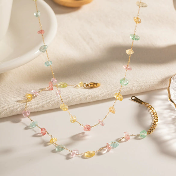 Wholesale Women's Fashion Light Luxury Temperament Jewelry Natural Stone Beaded Necklace And Bracelet In Geometric Style Stainless Steel Electroplated