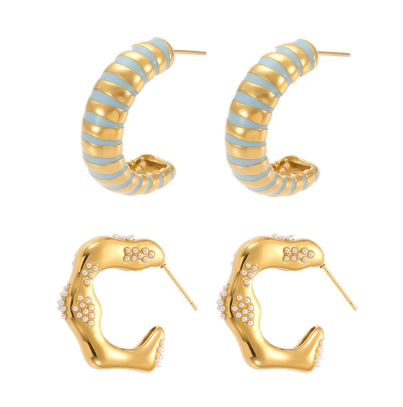 Wholesale Women's Fashion Microinlaid Shell Beads Asymmetrical Cshaped Wave Earrings In Stainless Steel With 18K Real Gold Color Electroplating