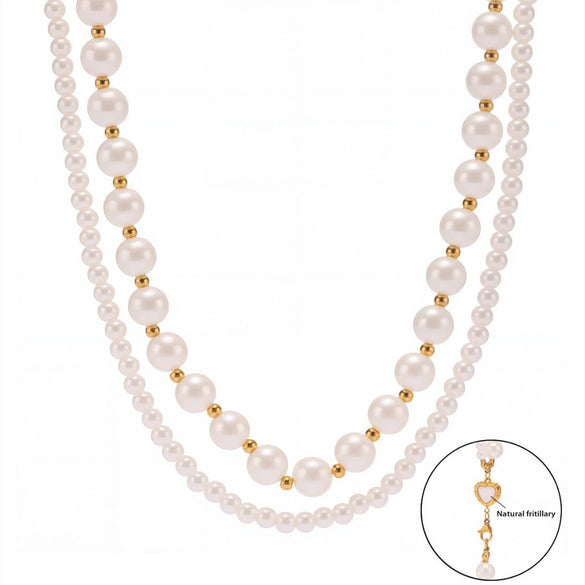 Wholesale Women's Fashion Minimalist Electroplated Natural Motherofpearl Imitation Pearl Doublelayer Stacked Ferris Wheel Heart Necklace With Stainless Steel And Titanium Steel