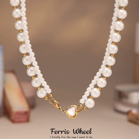 Wholesale Women's Fashion Minimalist Electroplated Natural Motherofpearl Imitation Pearl Doublelayer Stacked Ferris Wheel Heart Necklace With Stainless Steel And Titanium Steel