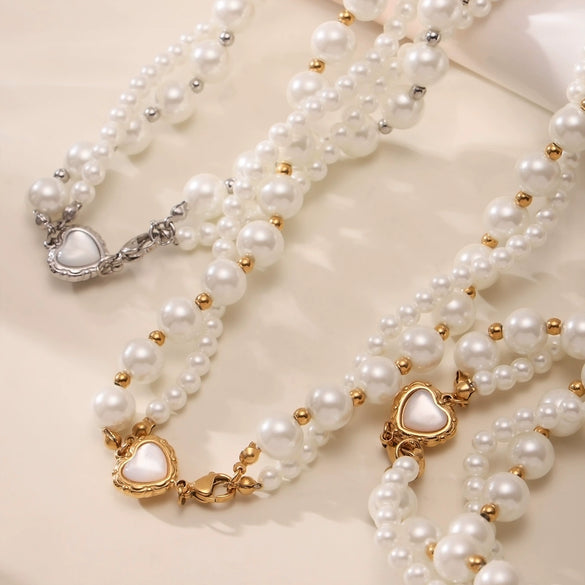 Wholesale Women's Fashion Minimalist Electroplated Natural Motherofpearl Imitation Pearl Doublelayer Stacked Ferris Wheel Heart Necklace With Stainless Steel And Titanium Steel