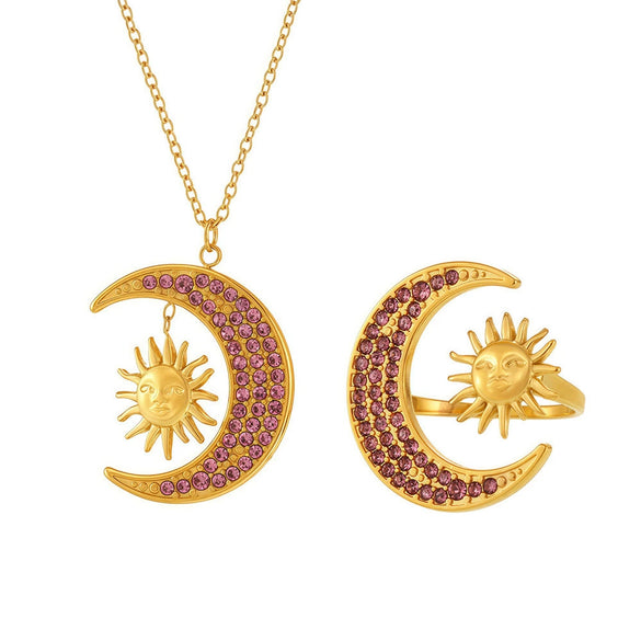 Wholesale Women's Fashion Minimalist Ferris Wheel Sun Moon Glow Inlaid Zircon Titanium Steel Electroplated Jewelry Set Including Ring And Necklace With Earrings