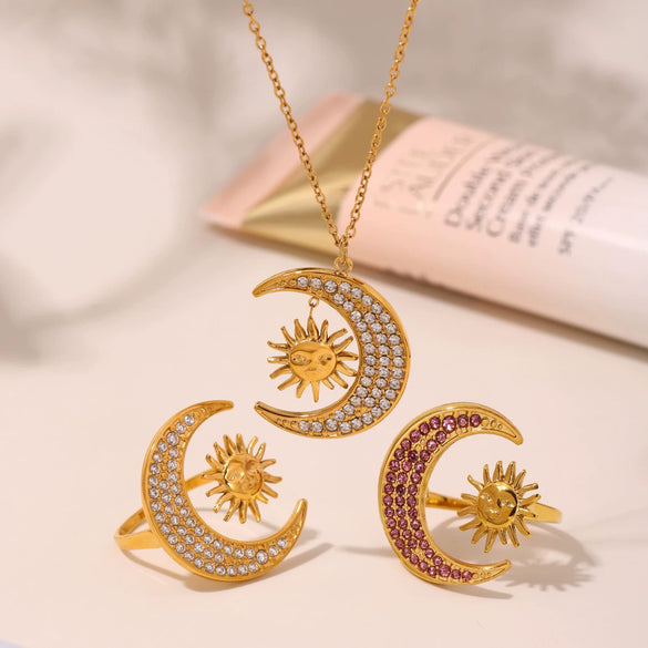 Wholesale Women's Fashion Minimalist Ferris Wheel Sun Moon Glow Inlaid Zircon Titanium Steel Electroplated Jewelry Set Including Ring And Necklace With Earrings