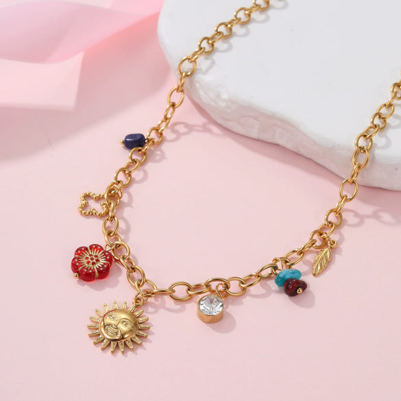 Wholesale Women's Fashion Minimalist Geometric And Floral Pattern 18K Gold Plated Stainless Steel Pendant Necklace